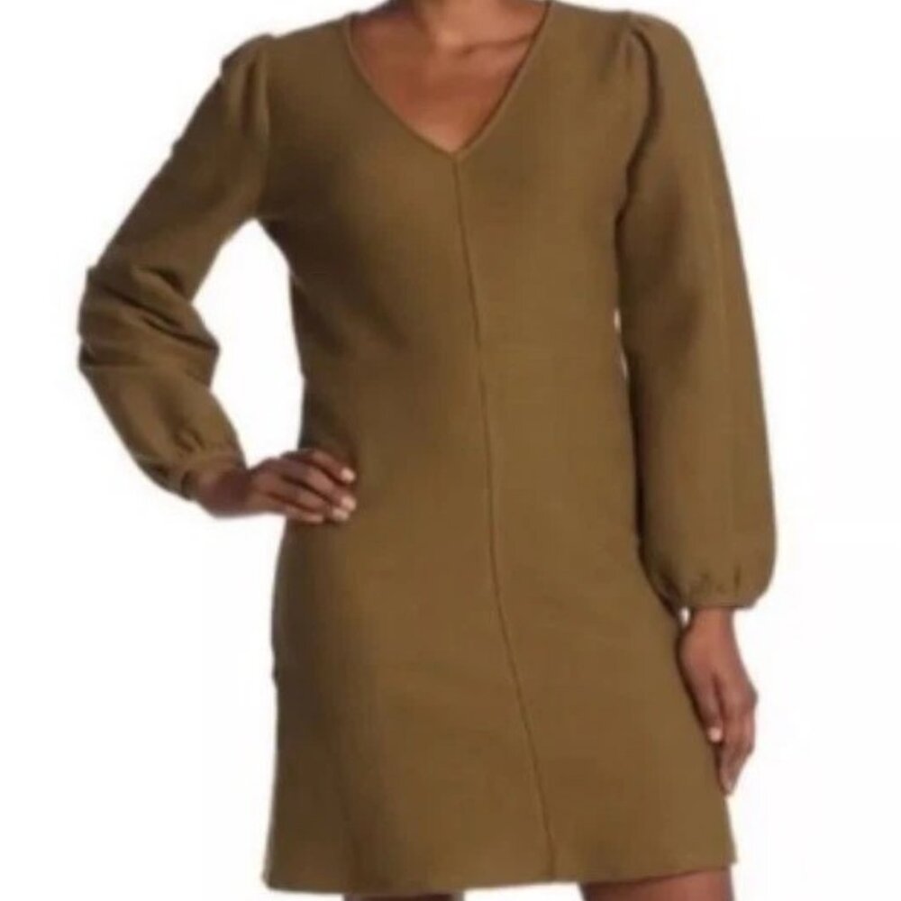 Madewell Small Rib Puff Sleeve V-Neck Long Sleeve Dress Asparagus Cotton‎ M5342